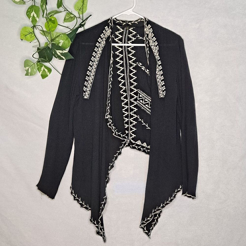 Aakaa Open Front Embroidered Geometric Cover-up Cardigan Black White Medium